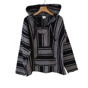 Vtg Vel-Mex Mexican Pancho Drug Rug Hoodie‎ Surfer Skater Boho Black White Large